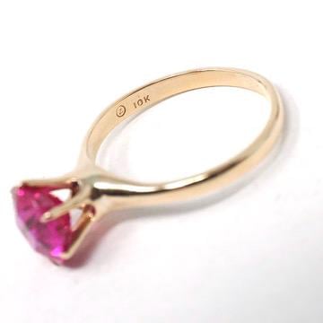 Created Ruby Ring - Mid Century 10k Yellow Gold Round Faceted 1.90 CT Red Pink Stone - Vintage Circa 1940s Era Size 5 3/4 Solitaire Jewelry