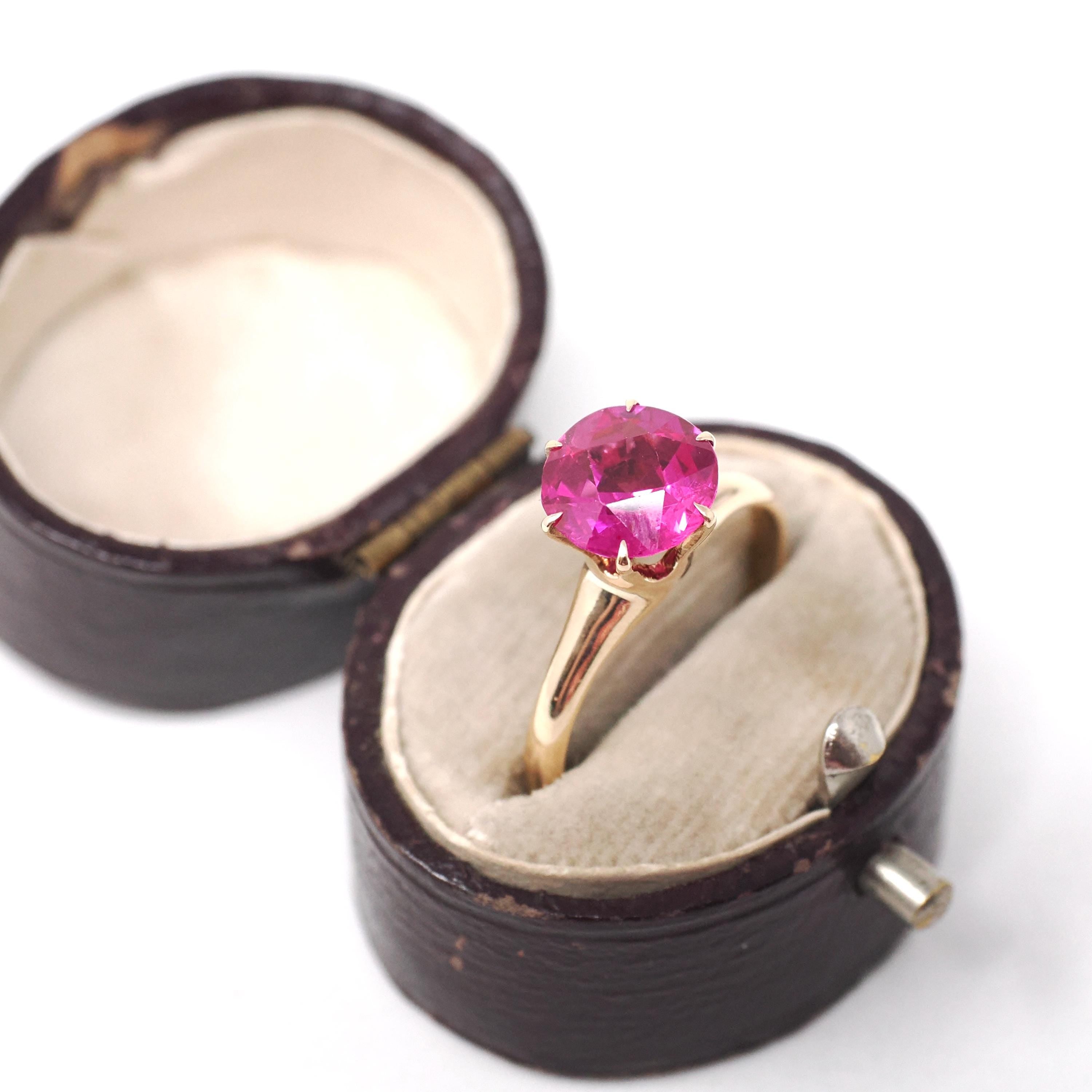 Created Ruby Ring - Mid Century 10k Yellow Gold Round Faceted 1.90 CT Red Pink Stone - Vintage Circa 1940s Era Size 5 3/4 Solitaire Jewelry