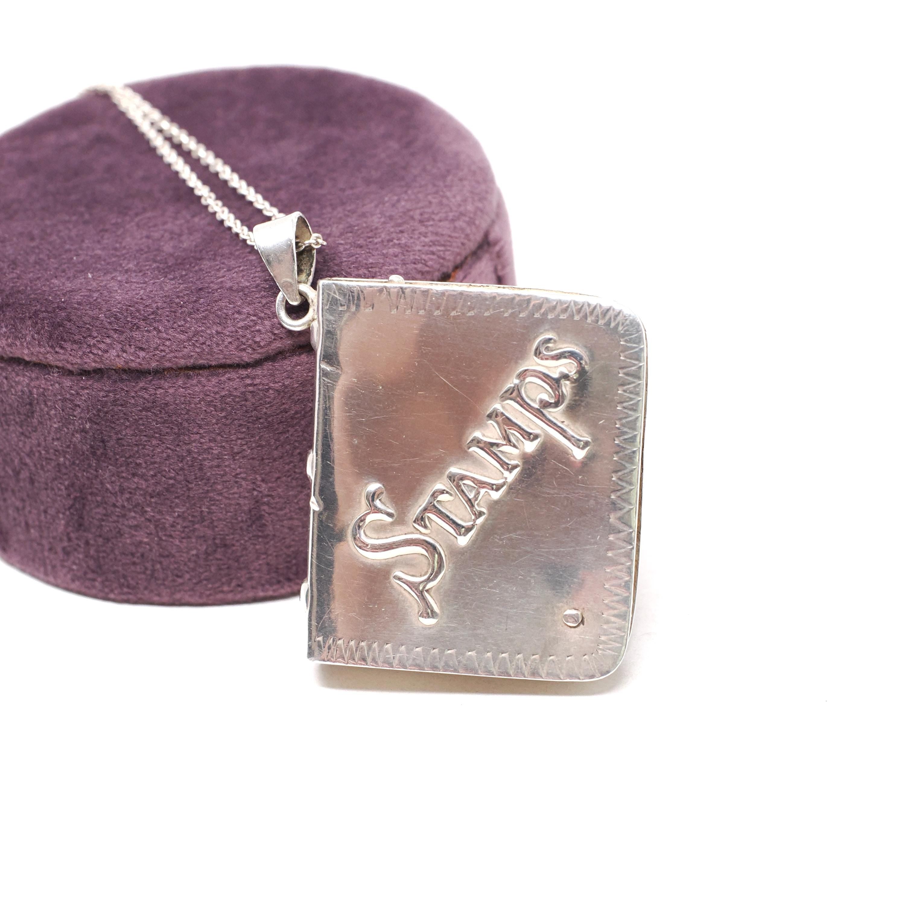 Vintage Stamp Book Locket - Estate English Sterling Silver Collectors Pendant Necklace - Circa 1990s Era Square Memento Keepsake Jewelry