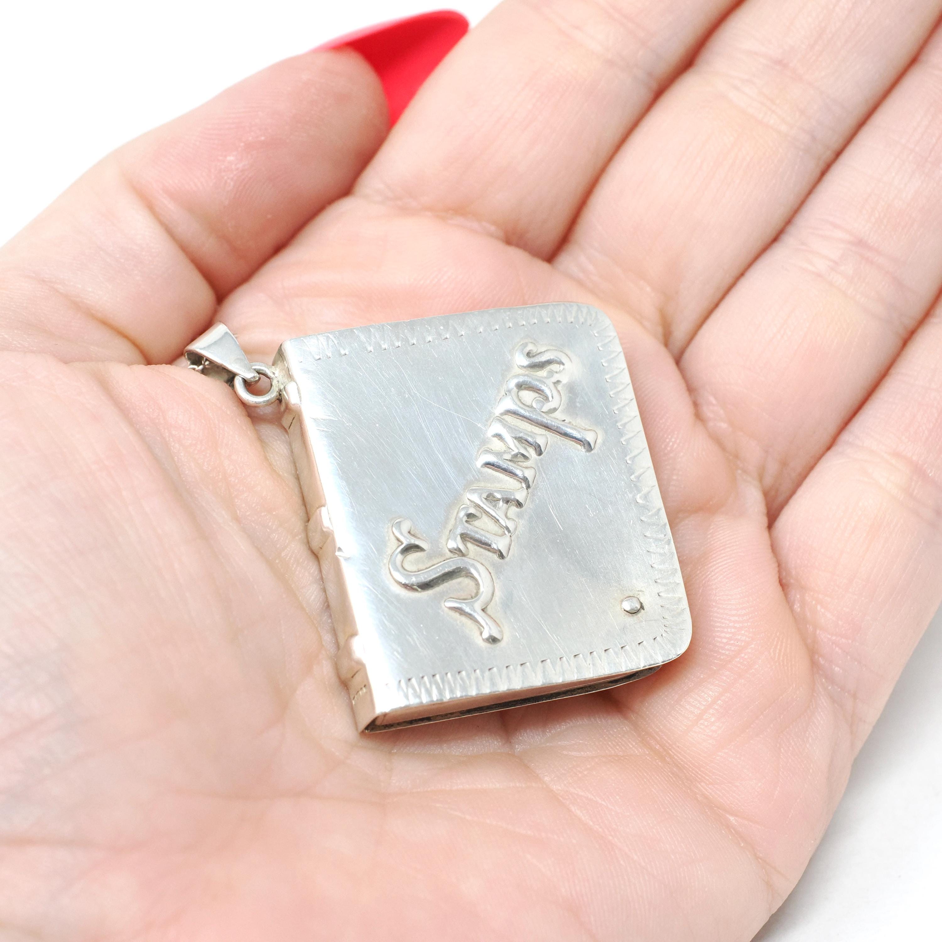 Vintage Stamp Book Locket - Estate English Sterling Silver Collectors Pendant Necklace - Circa 1990s Era Square Memento Keepsake Jewelry