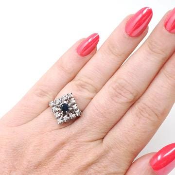 Modern Estate Cocktail Ring - 18K White Gold Natural Diamonds Blue Sapphires Square Halo - Circa 2000 Size 5 Illusion Fine Jewelry
