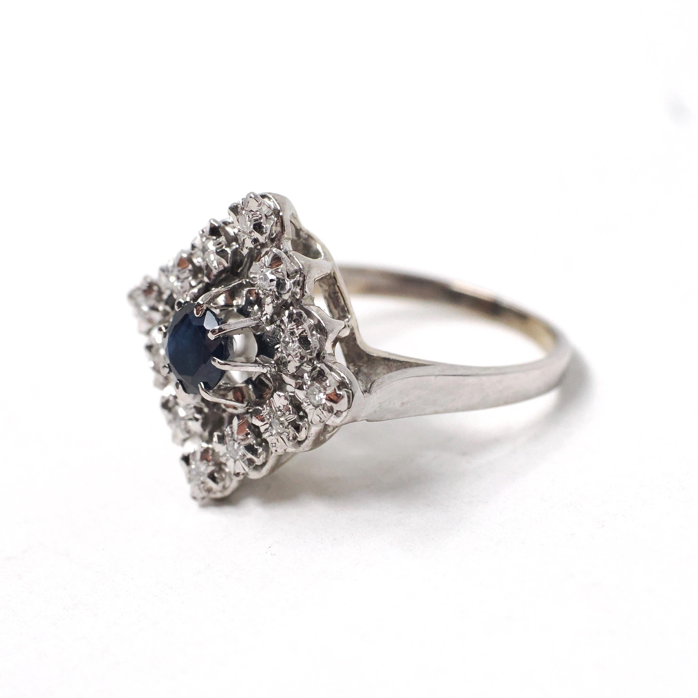 Modern Estate Cocktail Ring - 18K White Gold Natural Diamonds Blue Sapphires Square Halo - Circa 2000 Size 5 Illusion Fine Jewelry