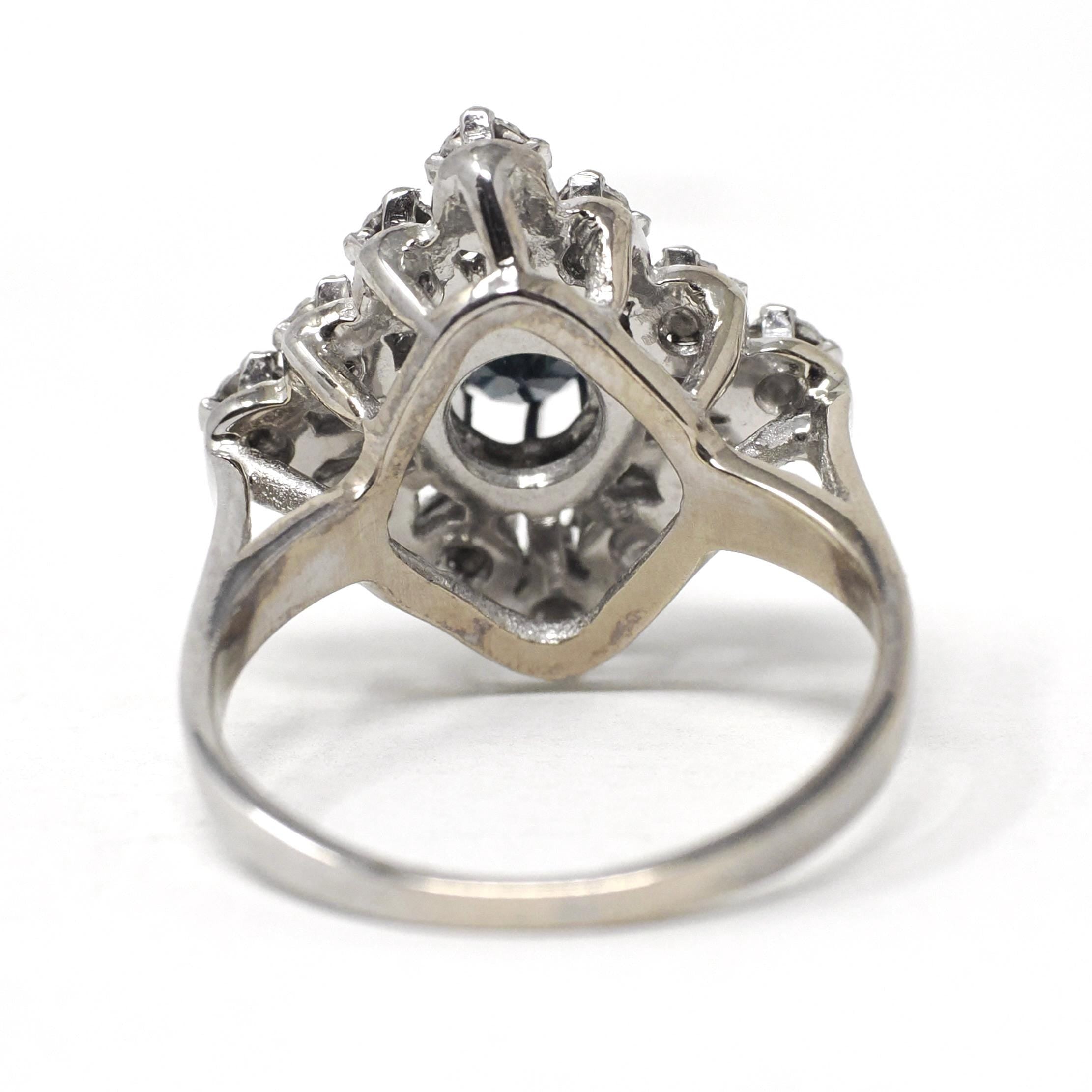 Modern Estate Cocktail Ring - 18K White Gold Natural Diamonds Blue Sapphires Square Halo - Circa 2000 Size 5 Illusion Fine Jewelry