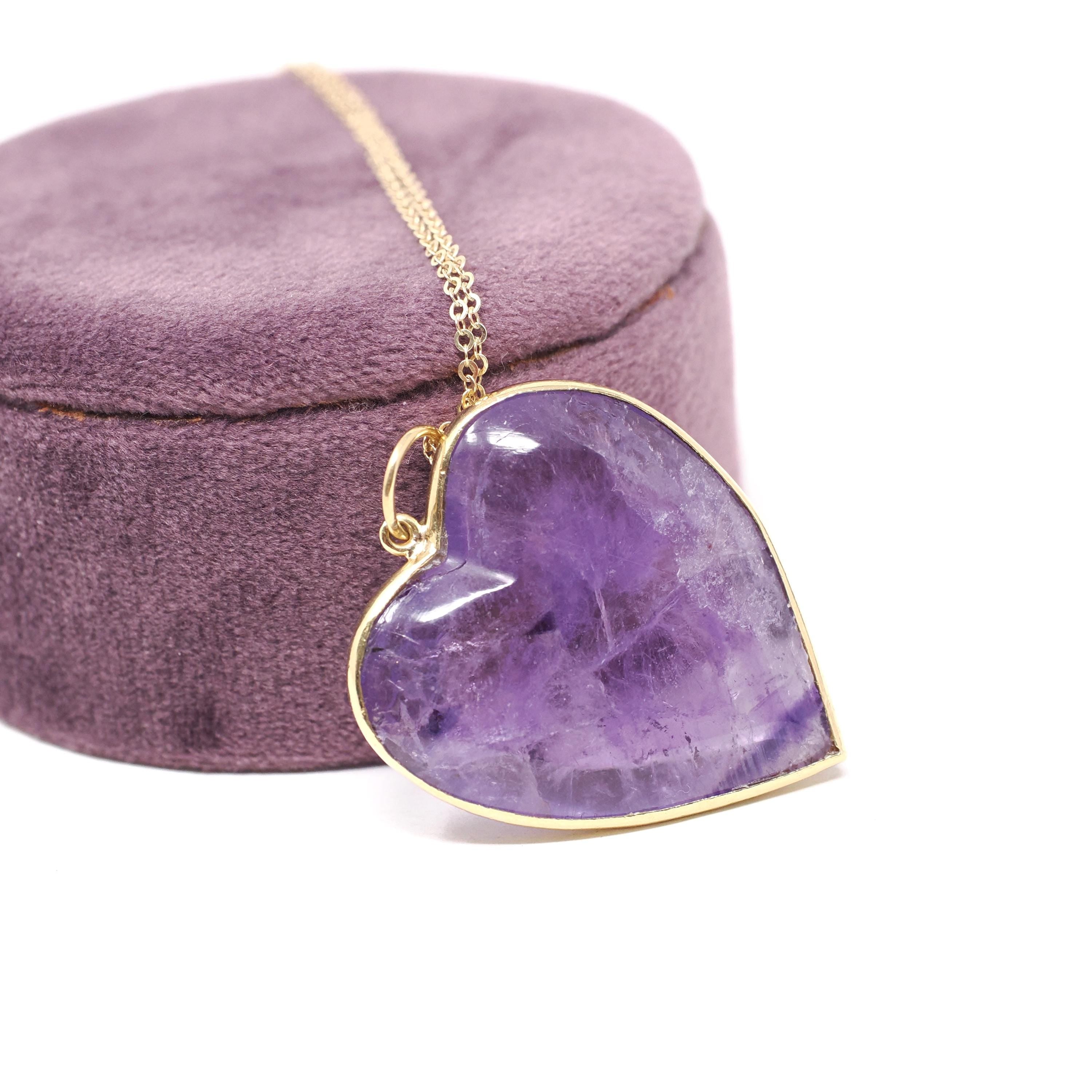 Amethyst Heart Necklace - Modern Estate 18k Yellow Gold Bezel Natural Gemstone Pendant Charm - Circa 2000s Fine February Birthstone Jewelry