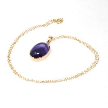 Amethyst Charm Necklace - Modern Estate 14k Yellow Gold Bezel Natural Gemstone Pendant Charm - Circa 2000s Fine February Birthstone Jewelry