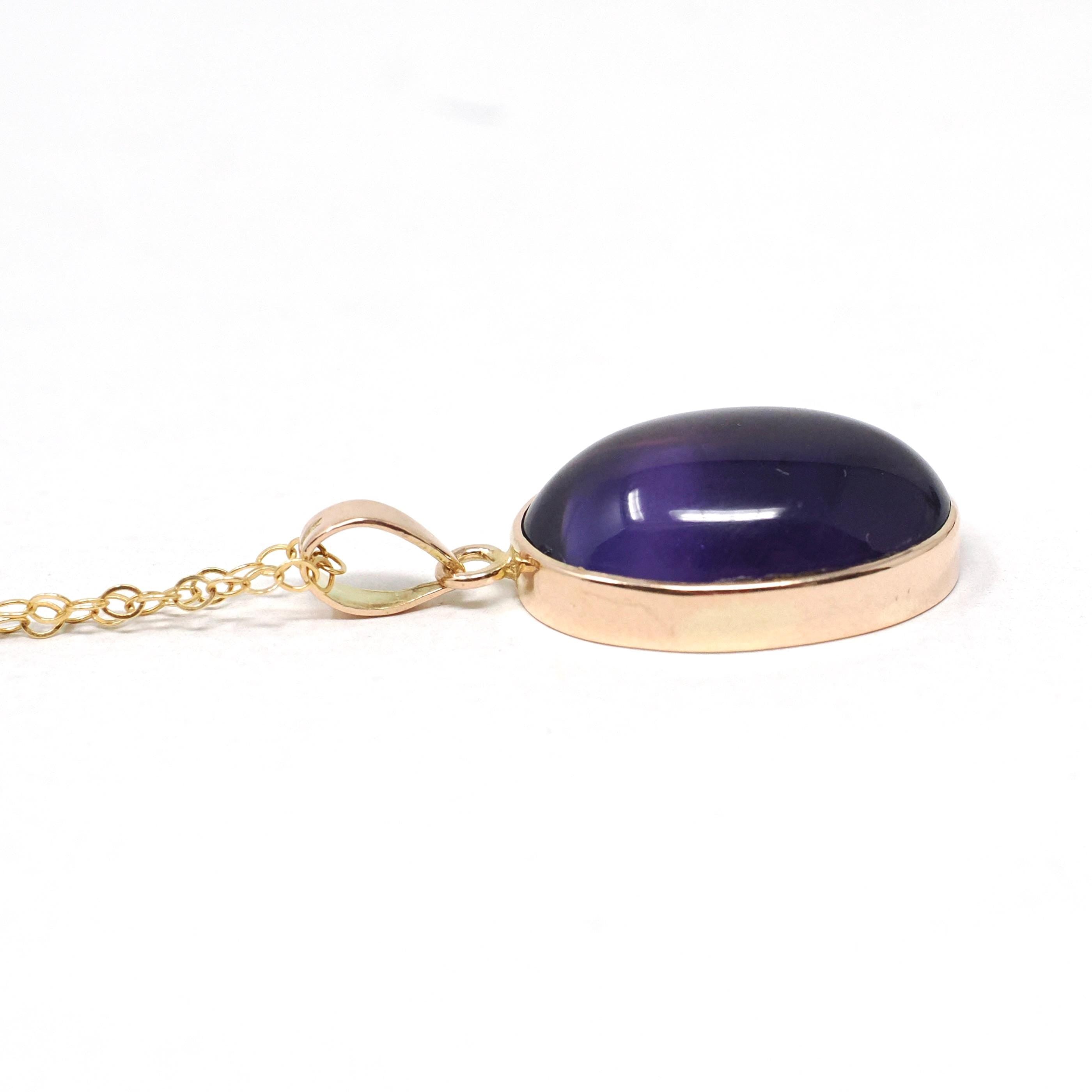 Amethyst Charm Necklace - Modern Estate 14k Yellow Gold Bezel Natural Gemstone Pendant Charm - Circa 2000s Fine February Birthstone Jewelry