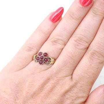 Hand Bypass Ring - Modern 9k Yellow Gold .18 TW Red Garnet Flower Halo - Estate Circa 2000s Size 6 Clasping Figural Flora Fine Jewelry