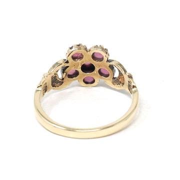 Hand Bypass Ring - Modern 9k Yellow Gold .18 TW Red Garnet Flower Halo - Estate Circa 2000s Size 6 Clasping Figural Flora Fine Jewelry