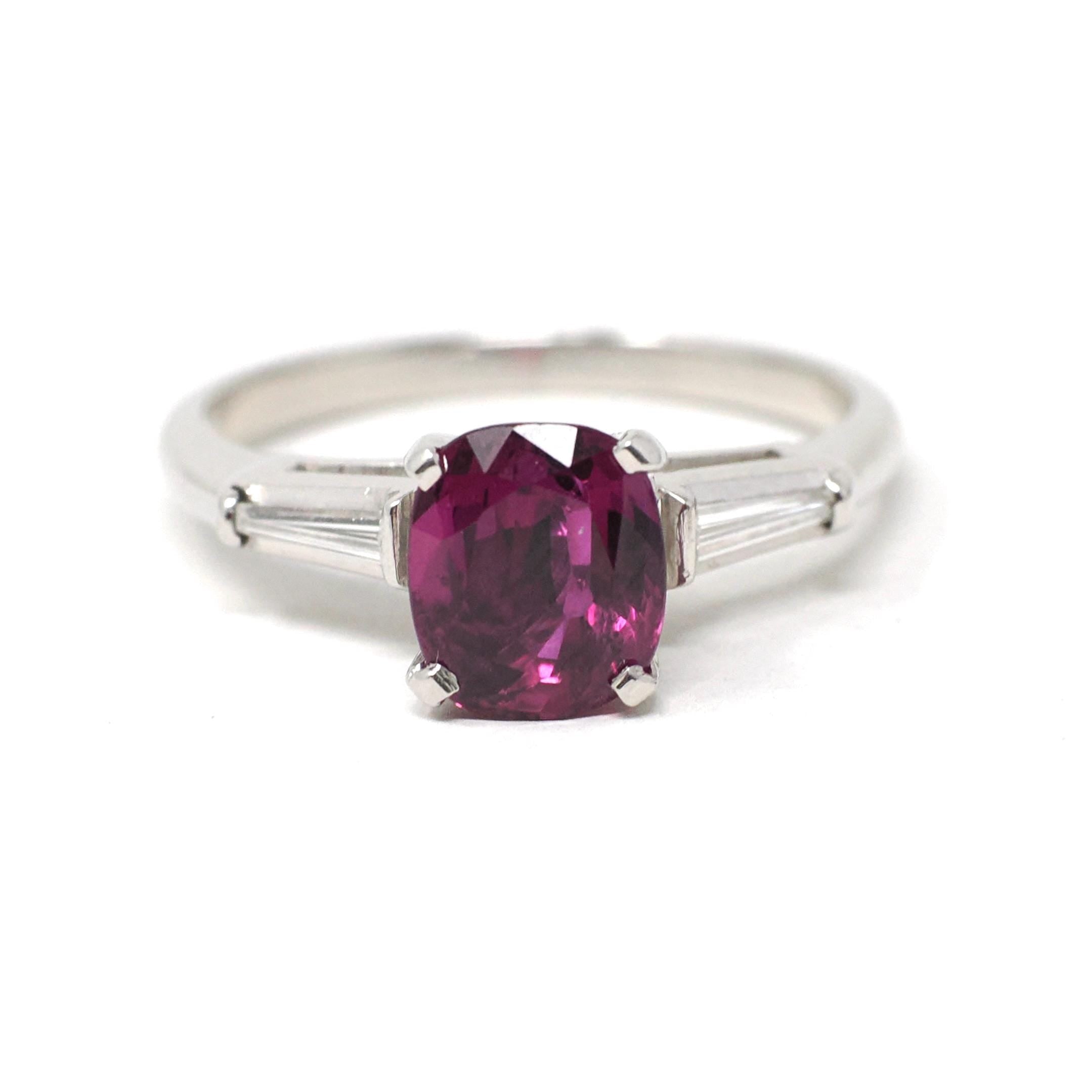 Ruby & Diamond Ring - Estate Platinum Natural Pink Red Gemstone Tapered Baguette Engagement - Modern Era Size 5 3/4 Fine Anniversary Jewelry