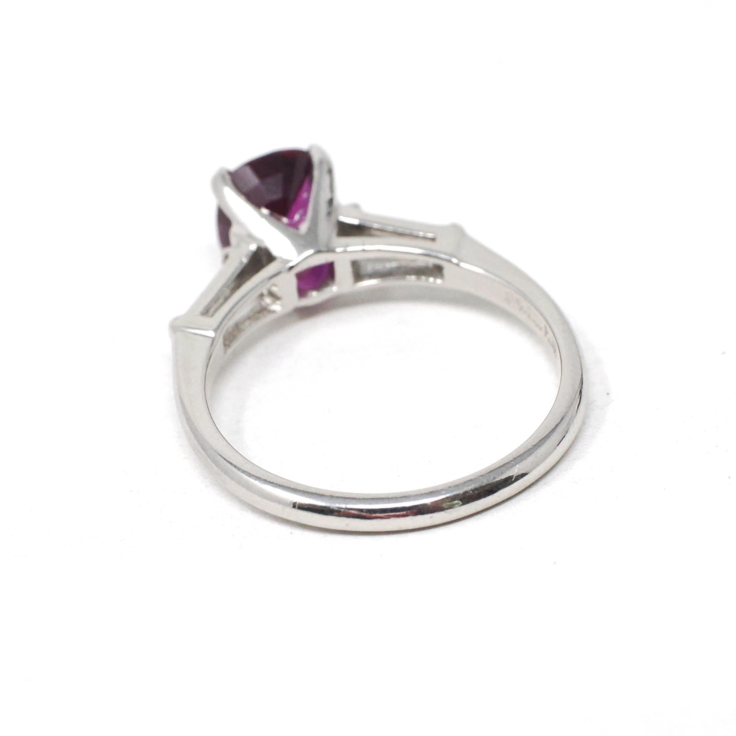Ruby & Diamond Ring - Estate Platinum Natural Pink Red Gemstone Tapered Baguette Engagement - Modern Era Size 5 3/4 Fine Anniversary Jewelry