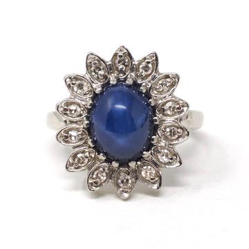 Created Star Sapphire Ring - Mid Century 14k White Gold .68 CT Blue Stone .18 CTW Diamond Halo - Circa 1950s Size 4 3/4 Fine Bridal Jewelry