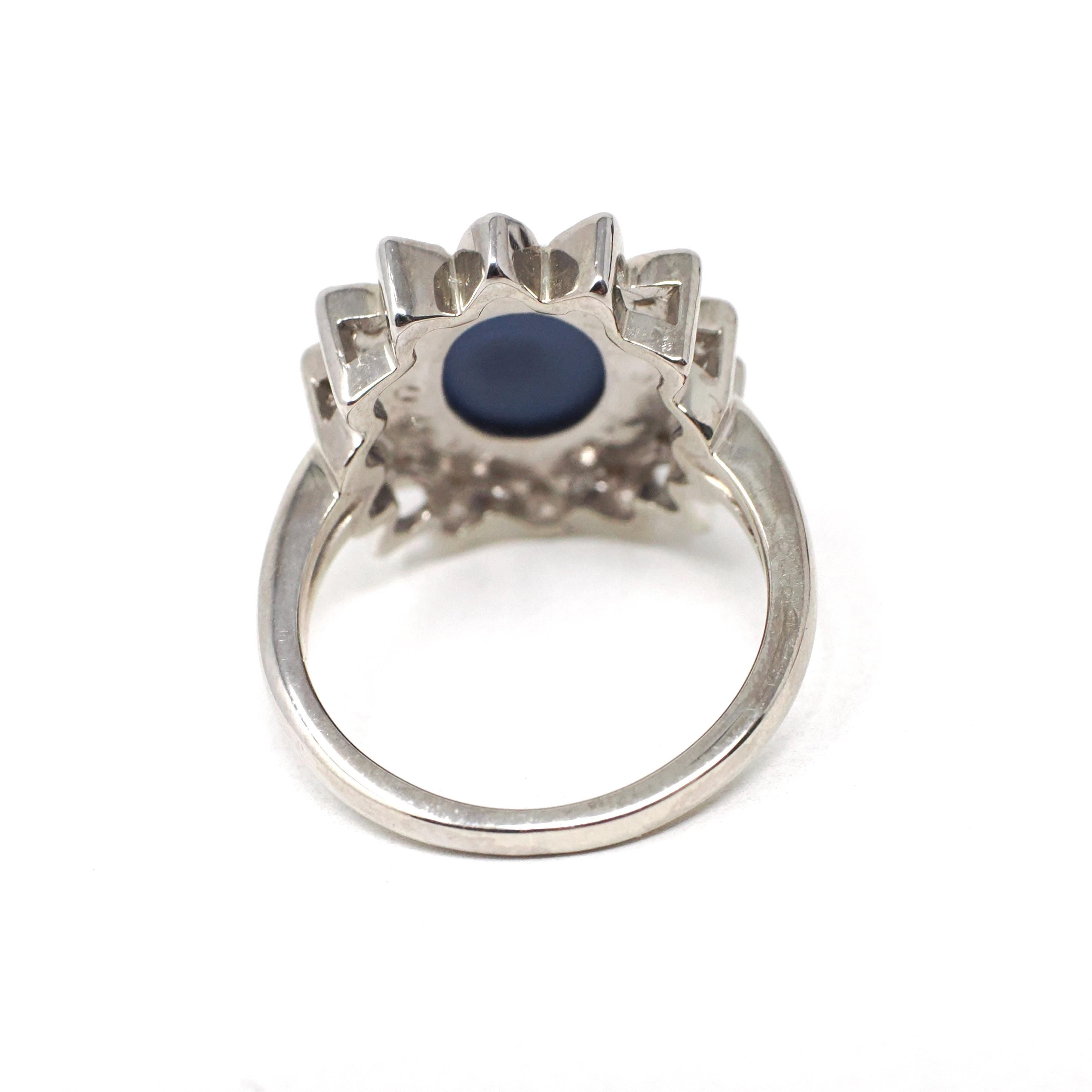 Created Star Sapphire Ring - Mid Century 14k White Gold .68 CT Blue Stone .18 CTW Diamond Halo - Circa 1950s Size 4 3/4 Fine Bridal Jewelry