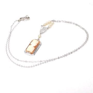 Art Deco Cameo Necklace - Vintage 10k White Gold Carved Natural Shell & Simulated Pearls - Circa 1930s Die Struck Pendant Charm Fine Jewelry
