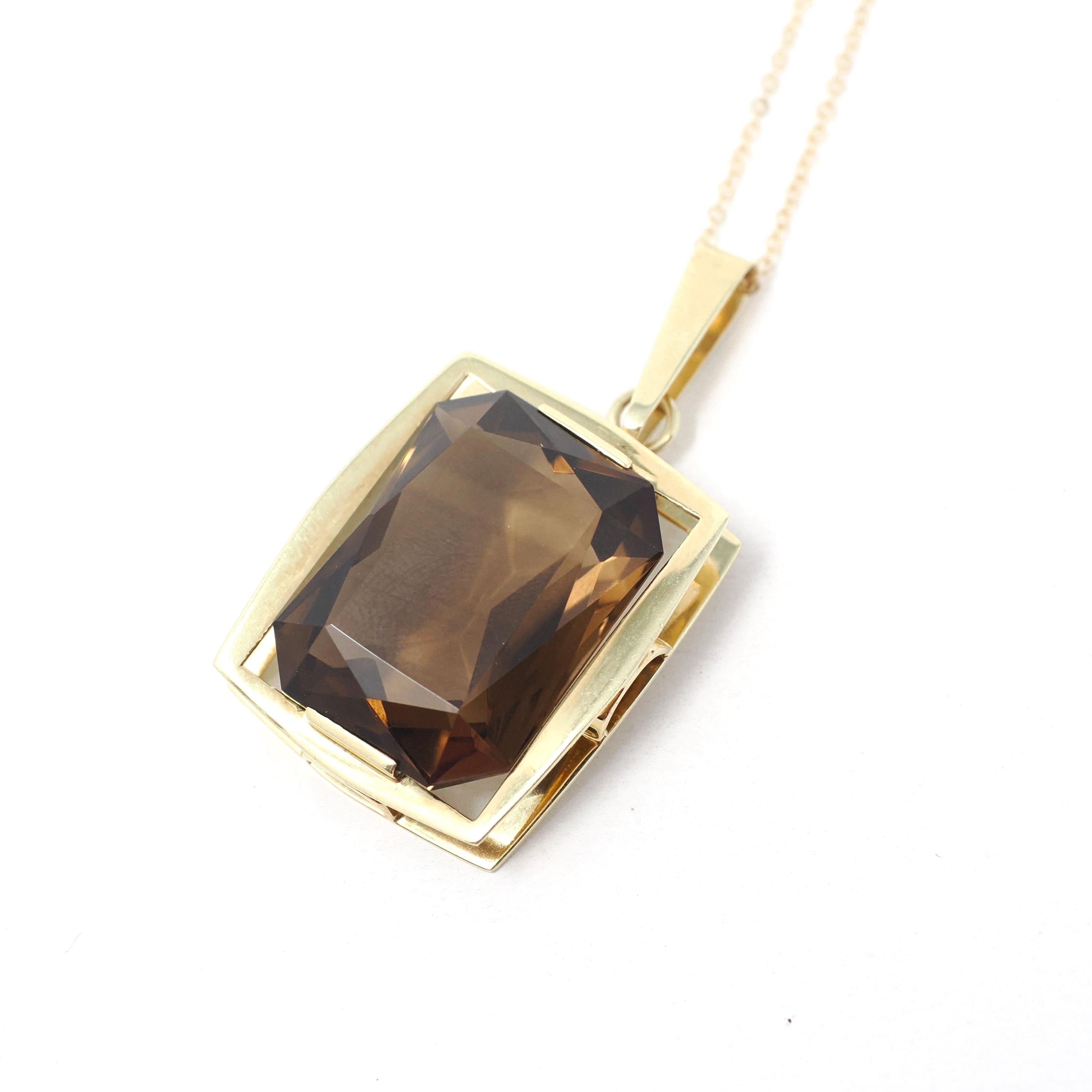 Smoky Quartz Necklace - Estate 14k Yellow Gold Natural Brown Emerald Cut 27.57 CT Gemstone Pendant - Circa 1990s Era Statement Fine Jewelry