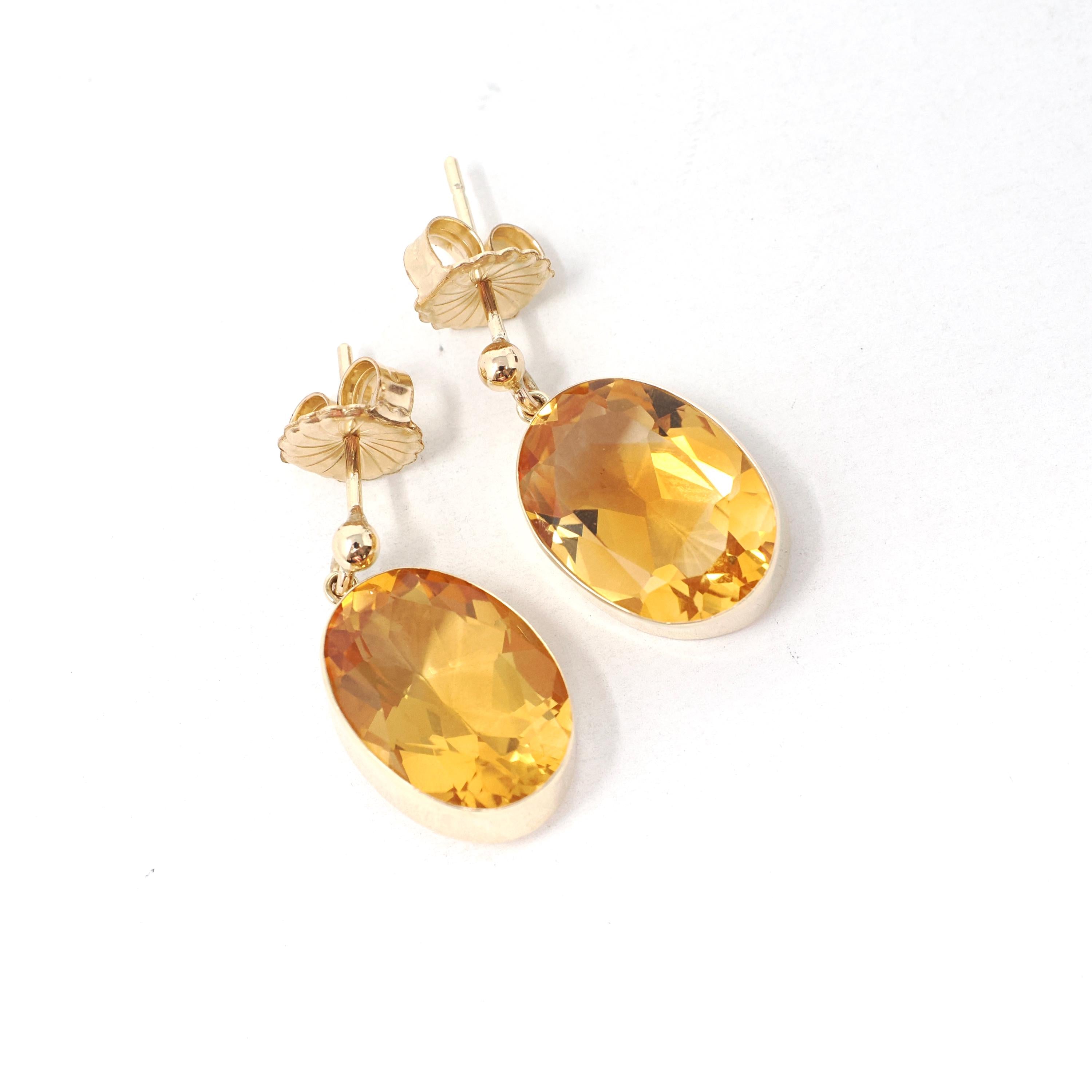 Modern Citrine Earrings - Estate 9k English Yellow Gold Natural Orange Oval Bezel Gem Post Drops - Dated 1997 Pierced Fine November Jewelry