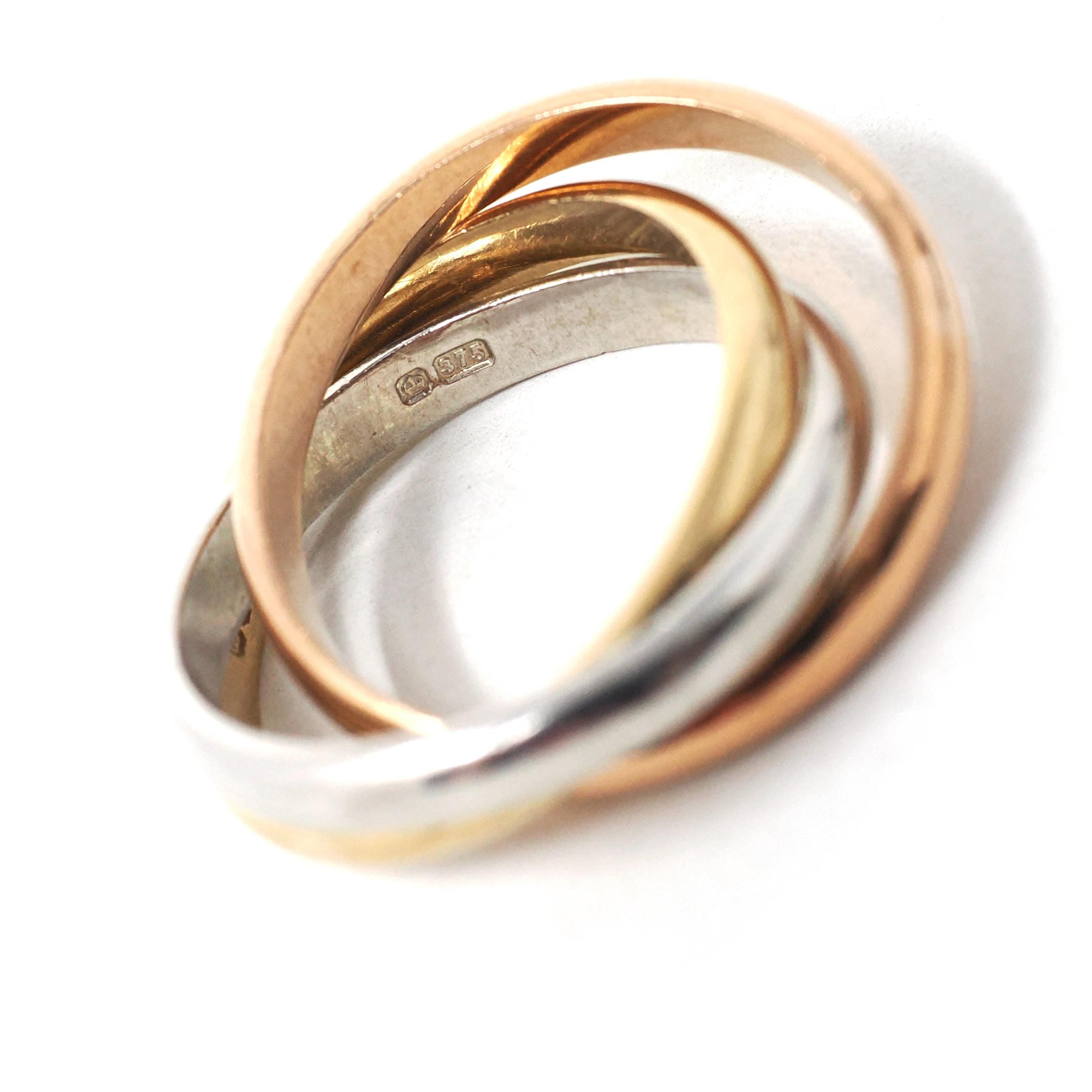 Rolling Trinity Ring - Vintage 9k Yellow Rose & White Gold Three Interlocking Bands - Modern Estate Year 1987 Size 6.5 Tri Tone Fine Jewelry