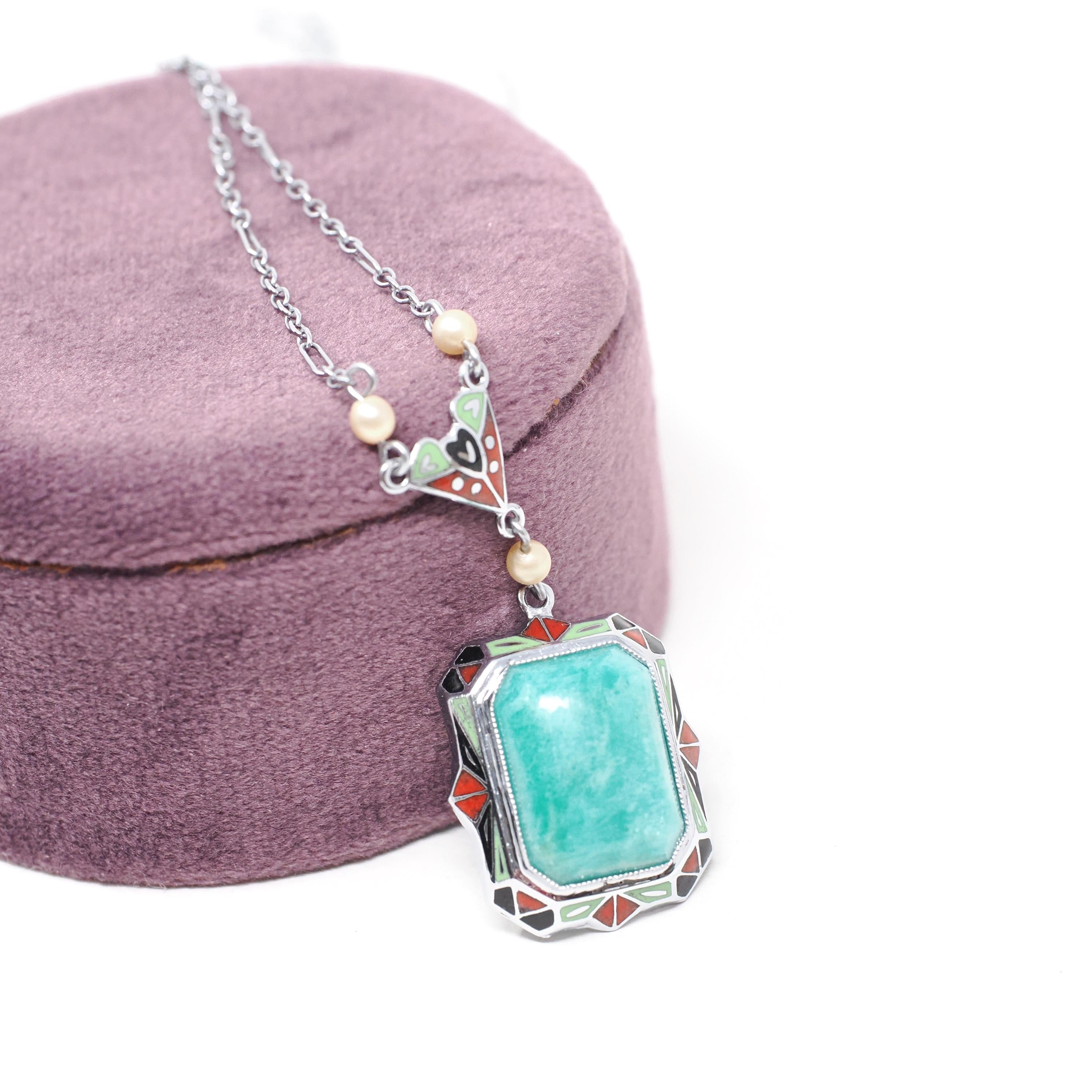 Art Deco Lavalier - Antique 10k White Gold Amazonite Gem & Black Green Red Enamel Charm Necklace - Circa 1920s Era Seed Pearl Fine Jewelry