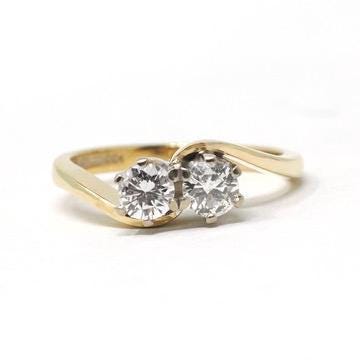 Toi Et Moi Ring - Modern 18k Yellow Gold & Platinum .50 CTW Two Stone Bypass Band - Estate Hallmarked 1989 Size 5 Fine Jewelry