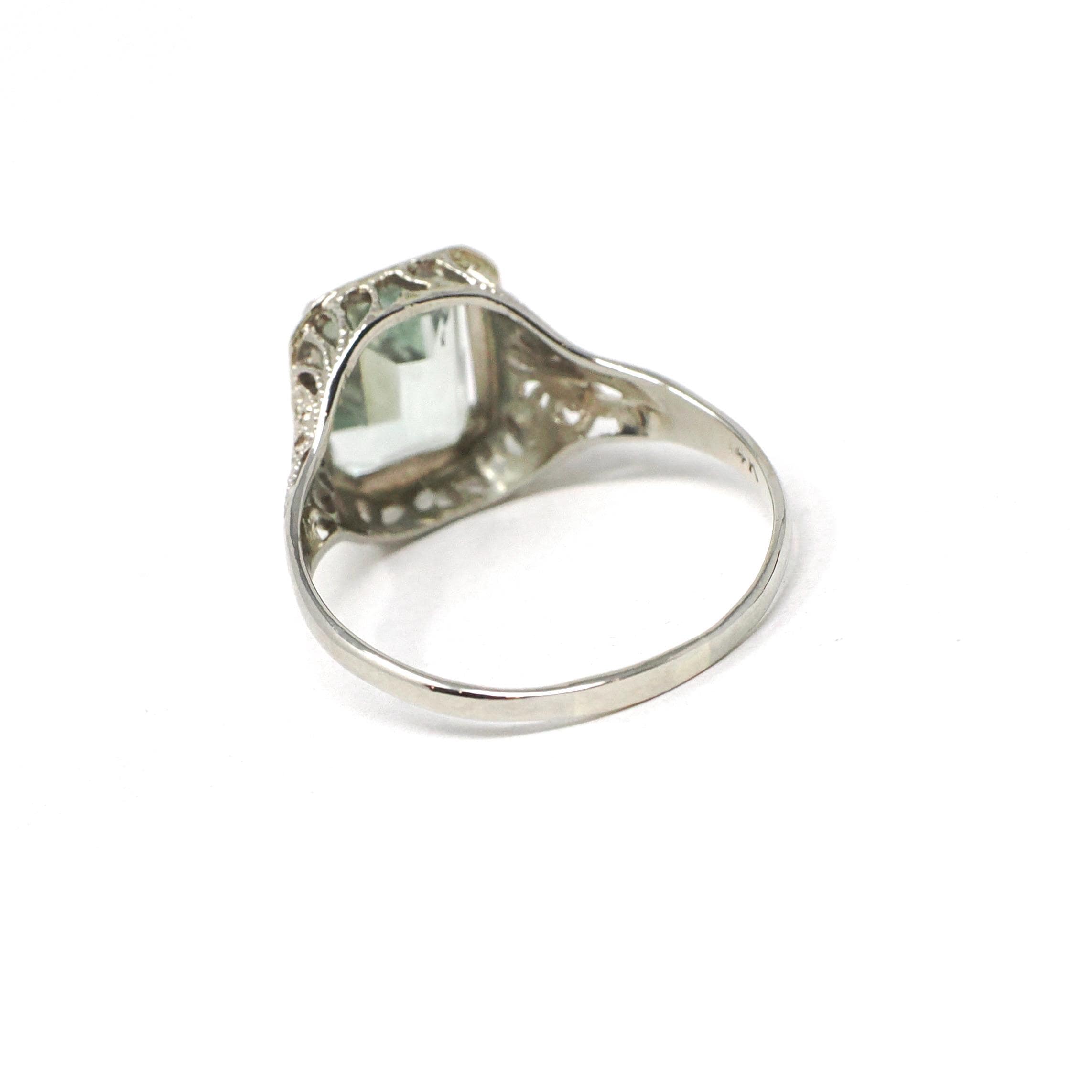 Created Quartz Ring - Art Deco 14k White Gold Emerald Cut Aqua Green Statement Gem - Antique Circa 1920's Era Size 6 Fine Filigree Jewelry