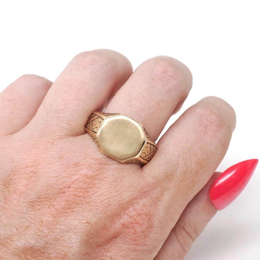 Edwardian Signet Ring - Antique 10k Yellow Gold Blank Octagonal Engravable Shield - Circa 1900s Era Size 12 Unisex Wheat Patina Fine Jewelry