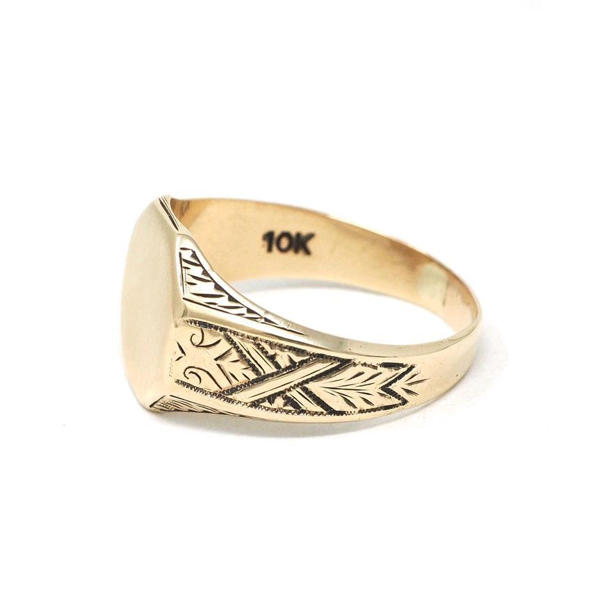Edwardian Signet Ring - Antique 10k Yellow Gold Blank Octagonal Engravable Shield - Circa 1900s Era Size 12 Unisex Wheat Patina Fine Jewelry