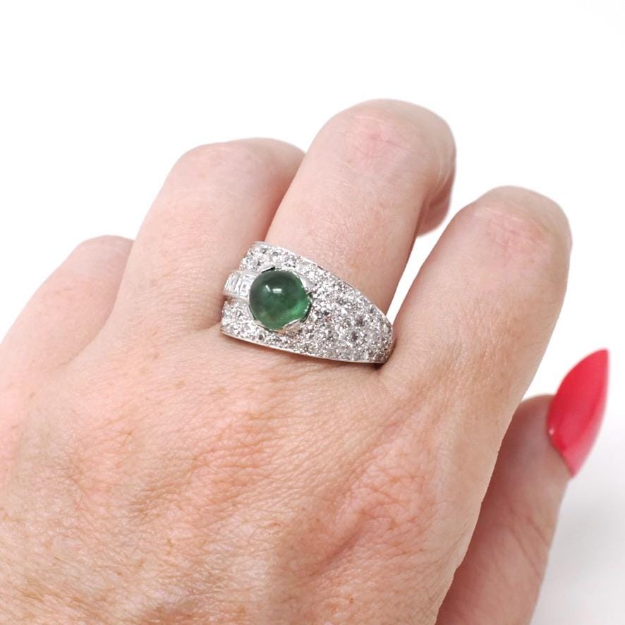 Emerald & Diamond Ring - Mid Century Platinum Natural Green Cabochon Beryl 1.72 CTW Accents - Circa 1950s Size 8.75 Buckle Band Fine Jewelry