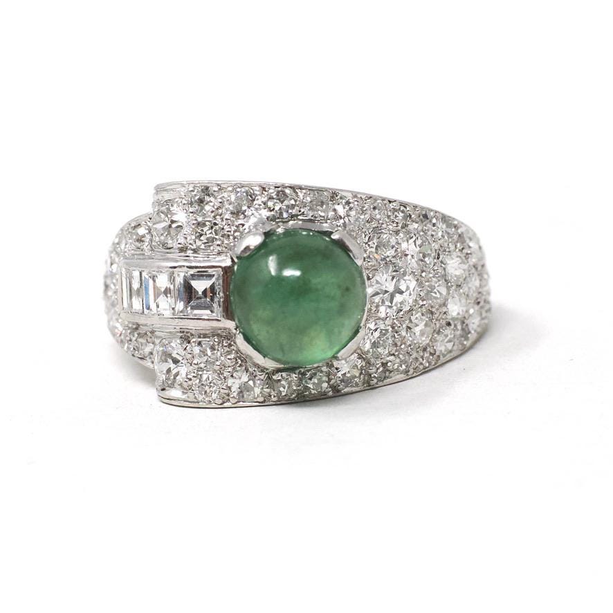 Emerald & Diamond Ring - Mid Century Platinum Natural Green Cabochon Beryl 1.72 CTW Accents - Circa 1950s Size 8.75 Buckle Band Fine Jewelry
