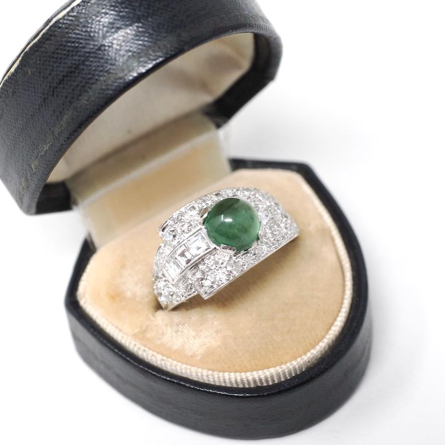 Emerald & Diamond Ring - Mid Century Platinum Natural Green Cabochon Beryl 1.72 CTW Accents - Circa 1950s Size 8.75 Buckle Band Fine Jewelry