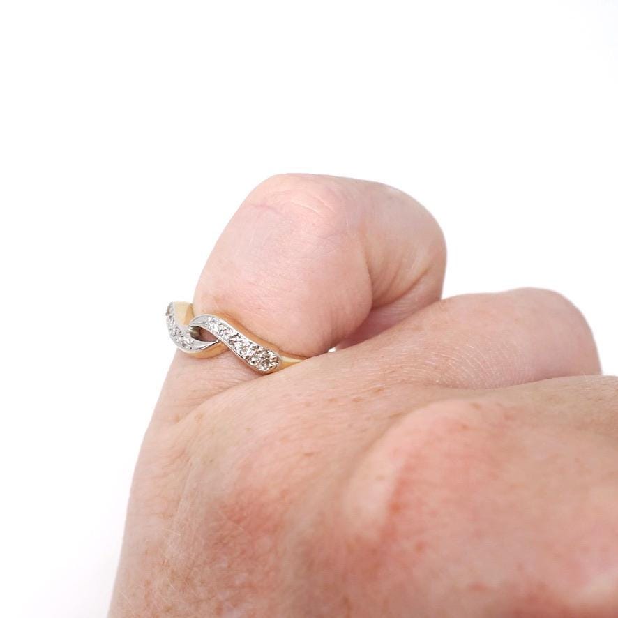 Bypass Wedding Ring - Mid Century 14k Yellow Gold Two Tone .16 CTW Antique Diamond Twist Band - Circa 1940s Size 4 1/4 Fine Bridal Jewelry