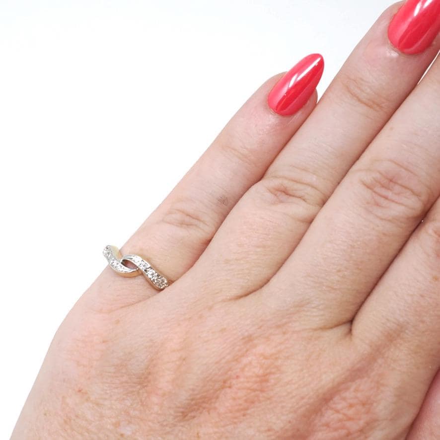 Bypass Wedding Ring - Mid Century 14k Yellow Gold Two Tone .16 CTW Antique Diamond Twist Band - Circa 1940s Size 4 1/4 Fine Bridal Jewelry