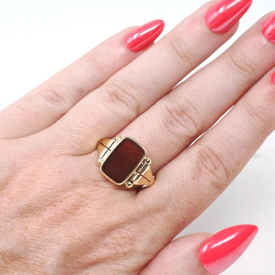 Antique Carnelian Ring - Victorian Era 14k Rosy Yellow Gold Natural Red Orange Gem Signet - Circa 1890s Era Size 9 1/4 Unisex Fine Jewelry