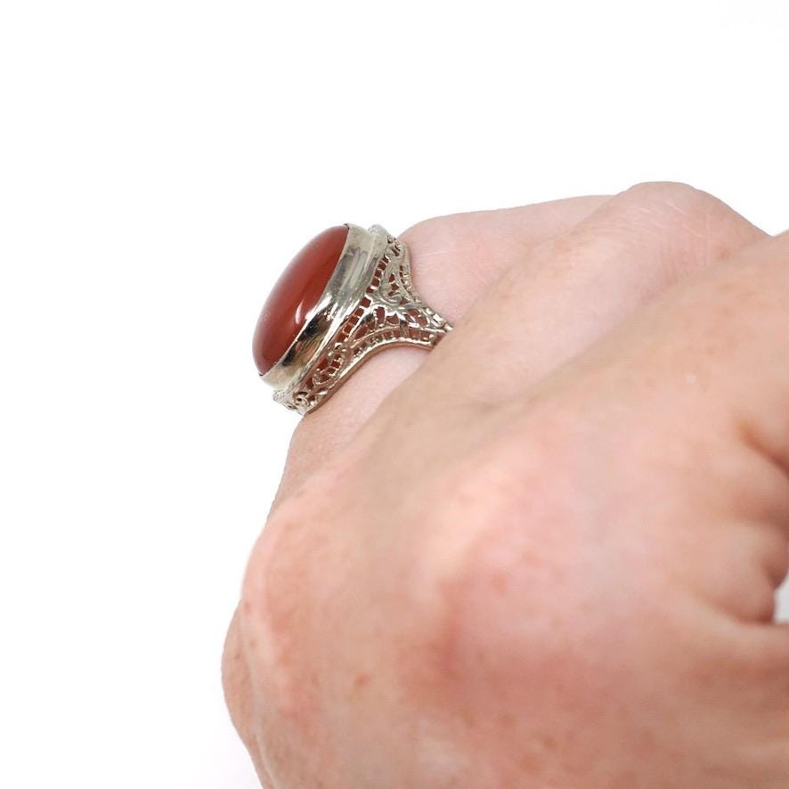 Antique Carnelian Ring - Art Deco 14k White Gold Oval Cabochon Cut Natural Gem - Circa 1920s Era Size 4 1/2 Statement Filigree Fine Jewelry