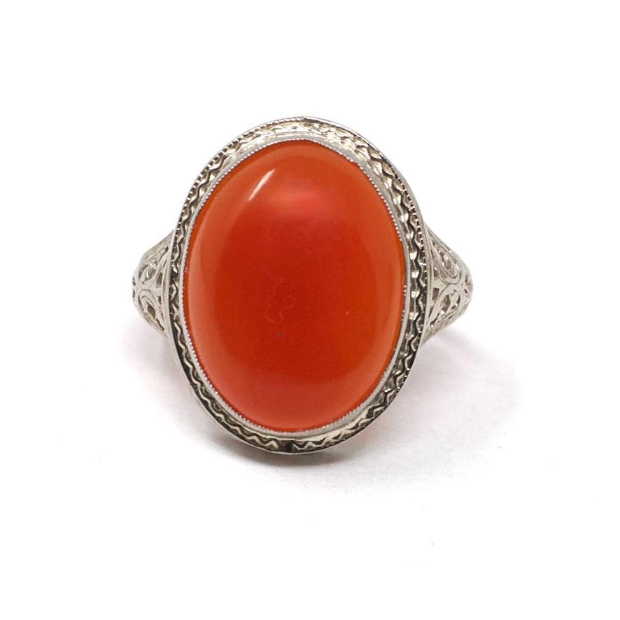 Antique Carnelian Ring - Art Deco 14k White Gold Oval Cabochon Cut Natural Gem - Circa 1920s Era Size 4 1/2 Statement Filigree Fine Jewelry