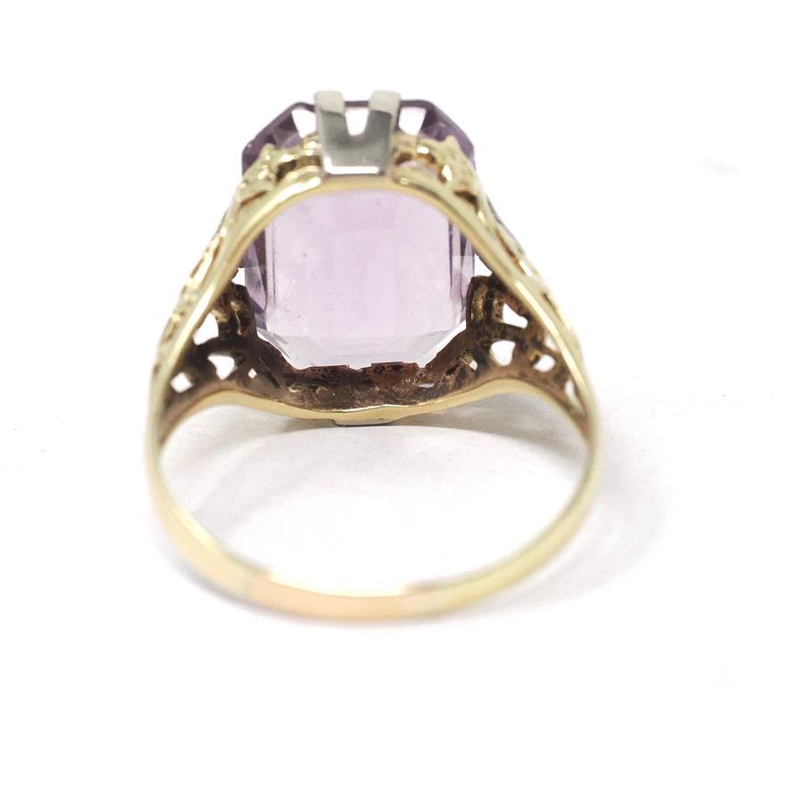 Vintage Amethyst Ring - Art Deco 14k Yellow Gold Filigree Emerald Cut Purple Gem - Circa 1930s Era Size 6 3/4 Floral Two Tone Fine Jewelry