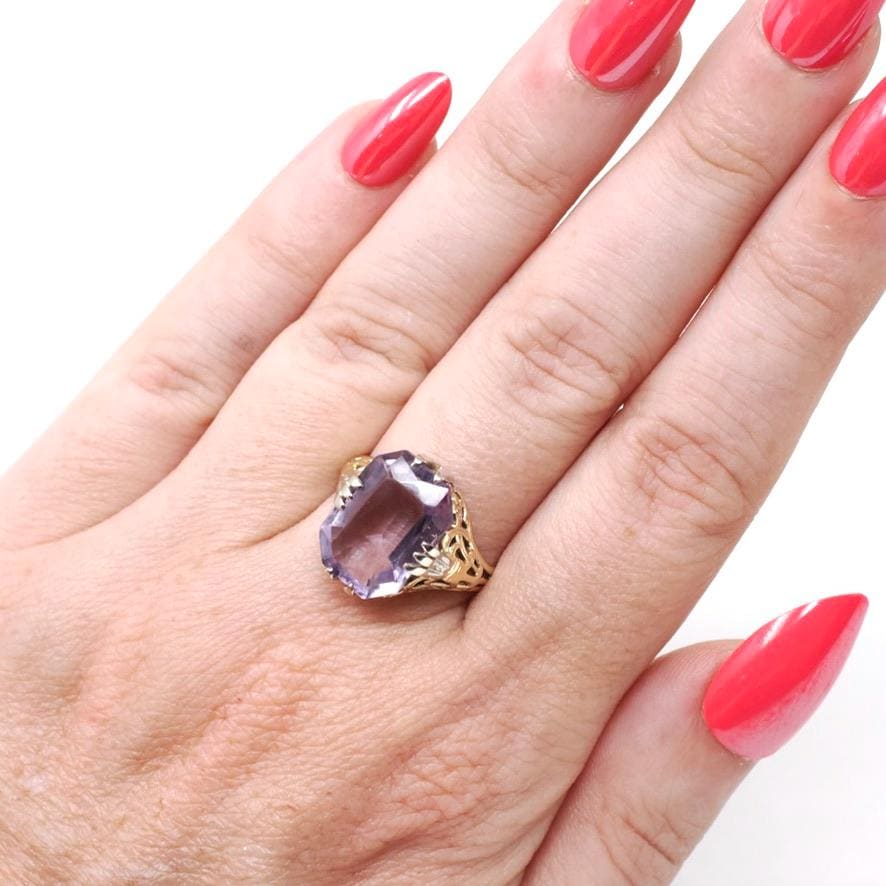 Vintage Amethyst Ring - Art Deco 14k Yellow Gold Filigree Emerald Cut Purple Gem - Circa 1930s Era Size 6 3/4 Floral Two Tone Fine Jewelry