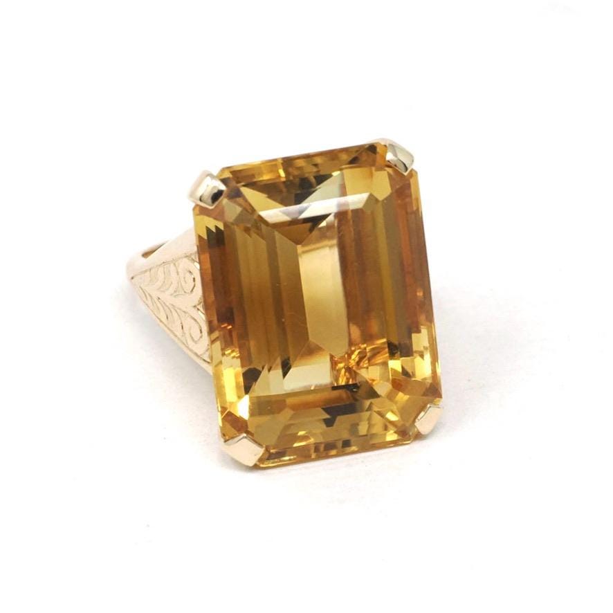 Vintage Citrine Ring - Retro 14k Yellow Gold Emerald Cut Natural Orange Yellow Gemstone Statement - Circa 1970s Era Size 7 1/2 Fine Jewelry