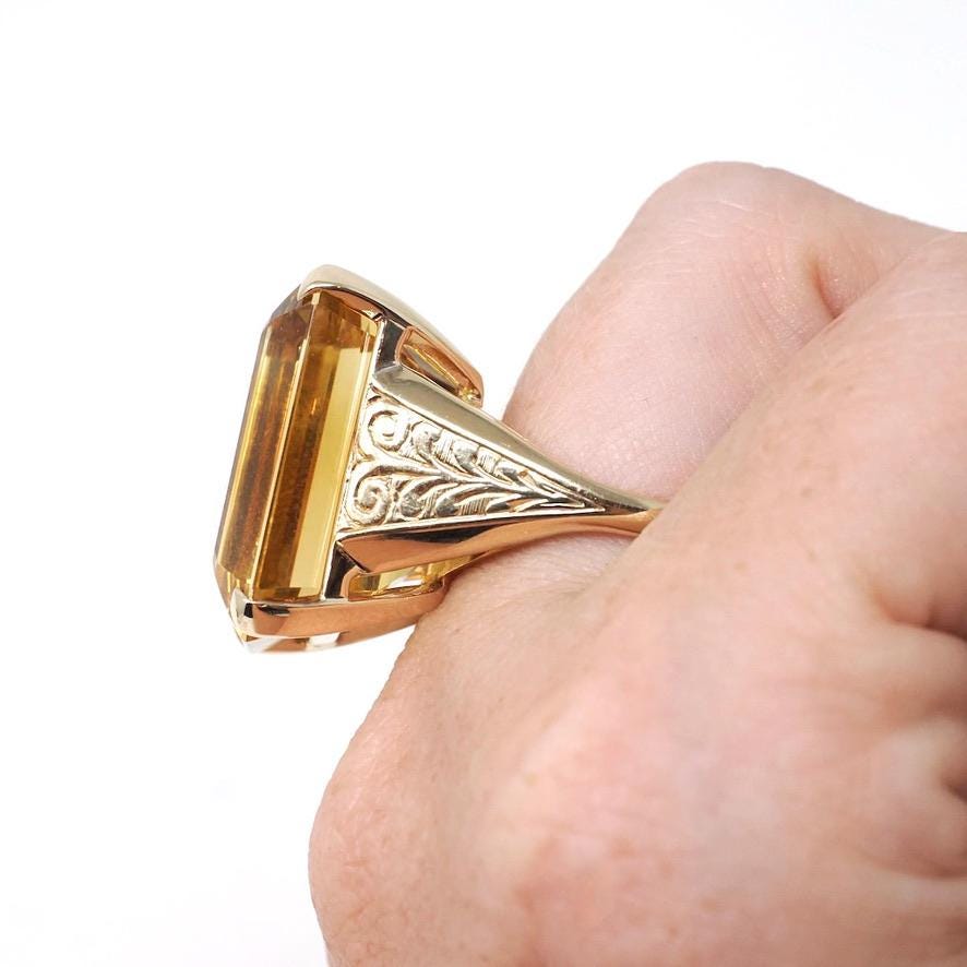 Vintage Citrine Ring - Retro 14k Yellow Gold Emerald Cut Natural Orange Yellow Gemstone Statement - Circa 1970s Era Size 7 1/2 Fine Jewelry