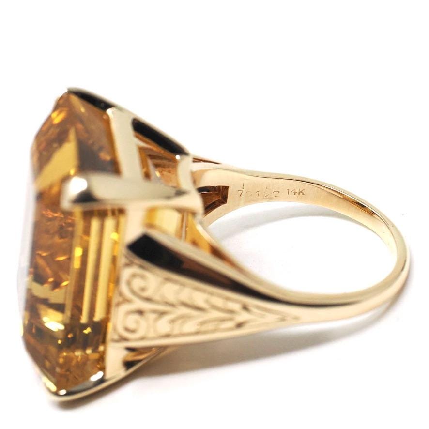 Vintage Citrine Ring - Retro 14k Yellow Gold Emerald Cut Natural Orange Yellow Gemstone Statement - Circa 1970s Era Size 7 1/2 Fine Jewelry