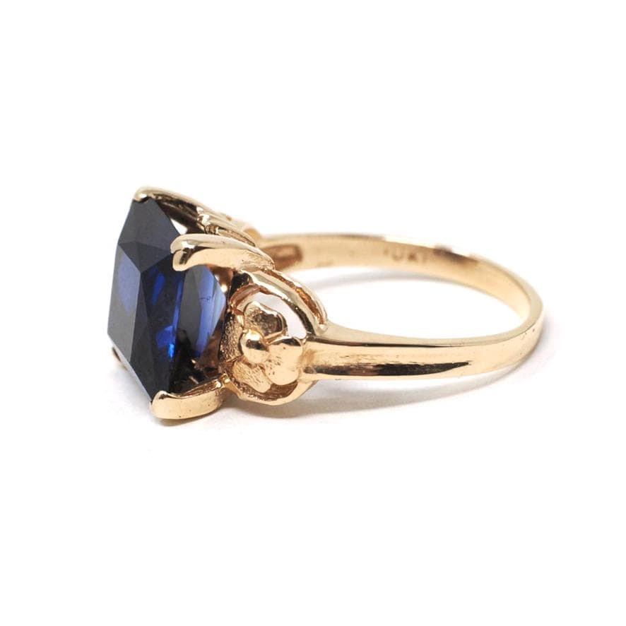 Vintage Created Sapphire Ring - Mid Century 10k Yellow Gold French Cut Square Blue Stone Solitaire - Circa 1940s Era Size 6 1/2 Fine Jewelry