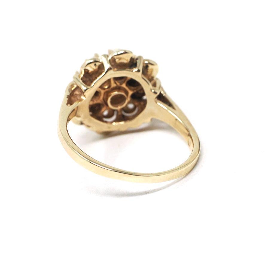 Opal Flower Ring - Modernist Era 10k Yellow Gold Natural Gemstone Cluster Halo - Circa 1970s Size 7 Floral Fine October Birthstone Jewelry