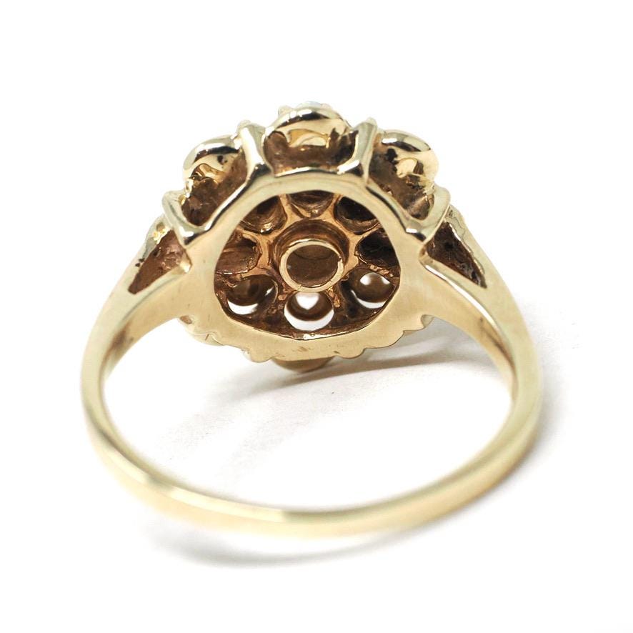Opal Flower Ring - Modernist Era 10k Yellow Gold Natural Gemstone Cluster Halo - Circa 1970s Size 7 Floral Fine October Birthstone Jewelry