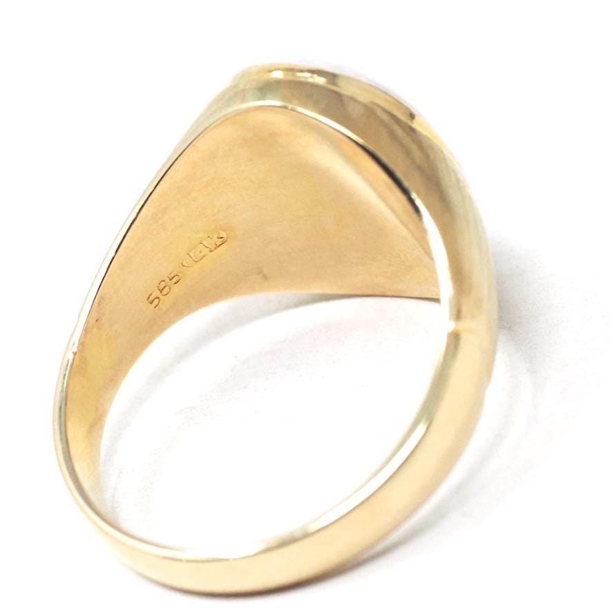 Modern Opal Ring - Estate 14k Yellow Gold Natural Oval Cabochon Gemstone Signet - Circa 2000s Era Size 9 1/2 Fine October Birthstone Jewelry