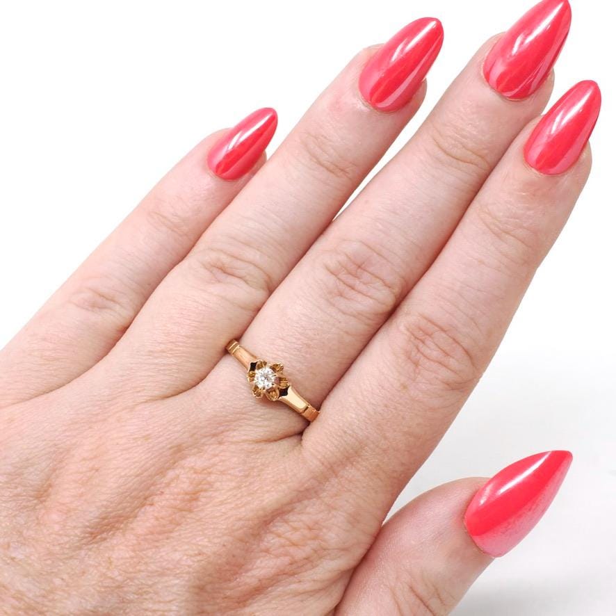 Antique Diamond Ring - Edwardian 14k Yellow Gold Natural .14 CT Old Mine Cut Solitaire - Circa 1900 Size 6 Buttercup Fine Engagement Jewelry