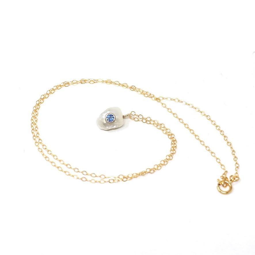 Pearl & Sapphire Charm Necklace - Antique 14k Yellow Gold Freshwater Cultured Pearl Stick Pin Conversion Pendant - Circa 1900s Fine Jewelry