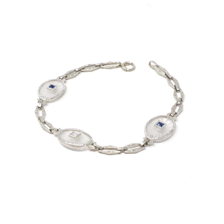 Rock Crystal Quartz Bracelet - Art Deco 14k White Gold Natural Diamond & Sapphire Accents - Circa 1930s Era Filigree Fine Panel Link Jewelry
