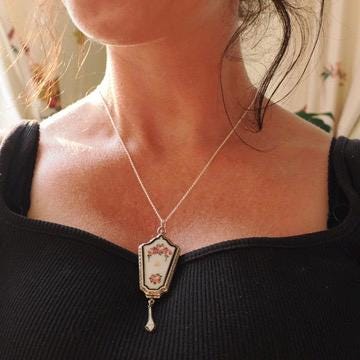 Antique Flower Locket - Art Deco Sterling Silver Floral & Bird Guilloche Enamel Necklace Pendant - Circa 1920s Rose Tassel Keepsake Jewelry