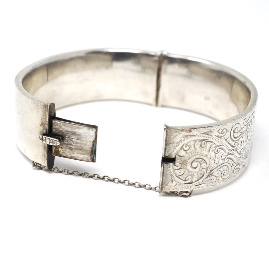 Antique Floral Bangle - Art Deco Sterling Silver Engraved Nature Leaf Designs - Hallmarked 1938 Wide Stacking Hinged Birmingham Jewelry
