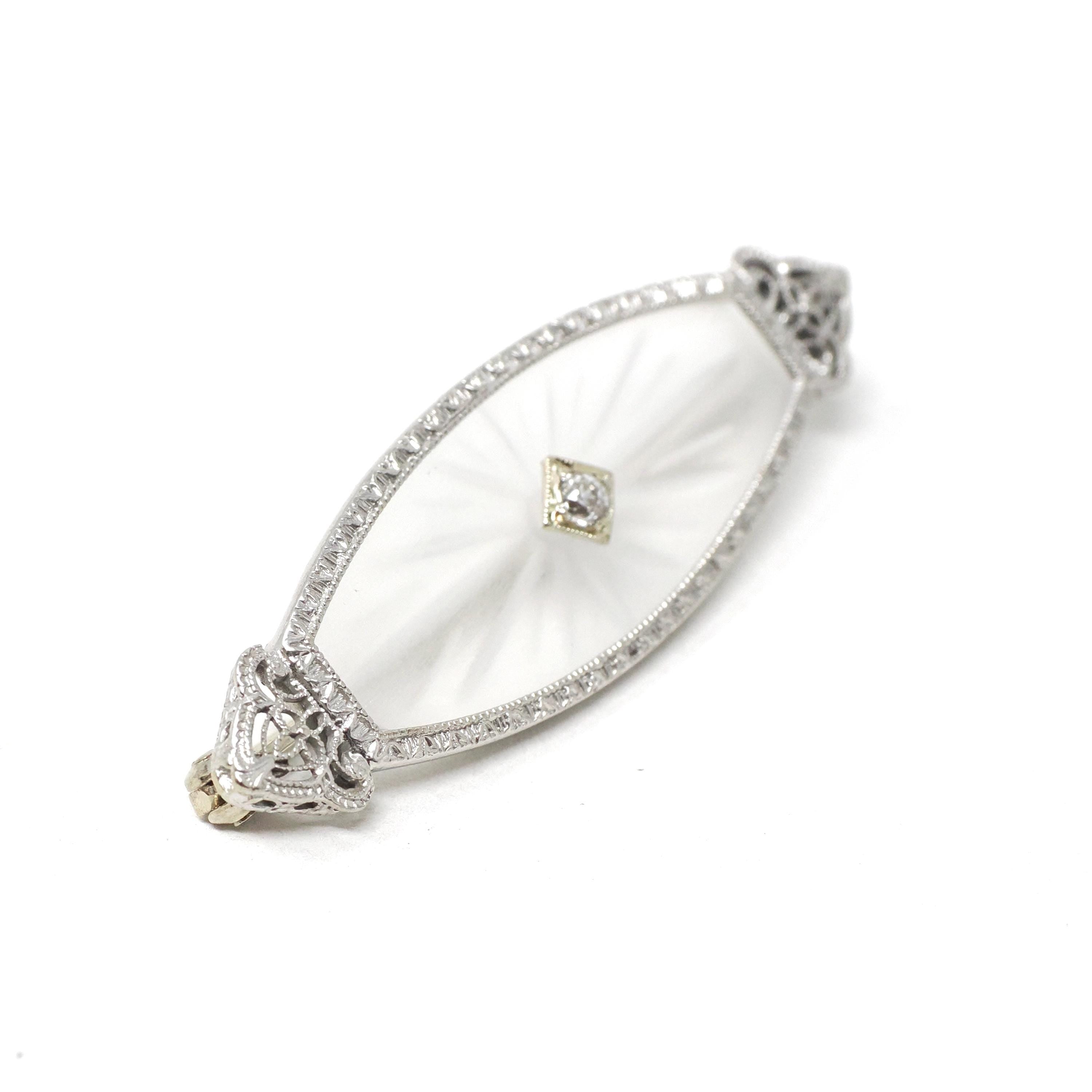 Art Deco Brooch - Vintage 14k White Gold Marquise Filigree & .06 CT Natural Diamond Pin - Circa 1930s Era Rock Crystal Quartz Fine Jewelry