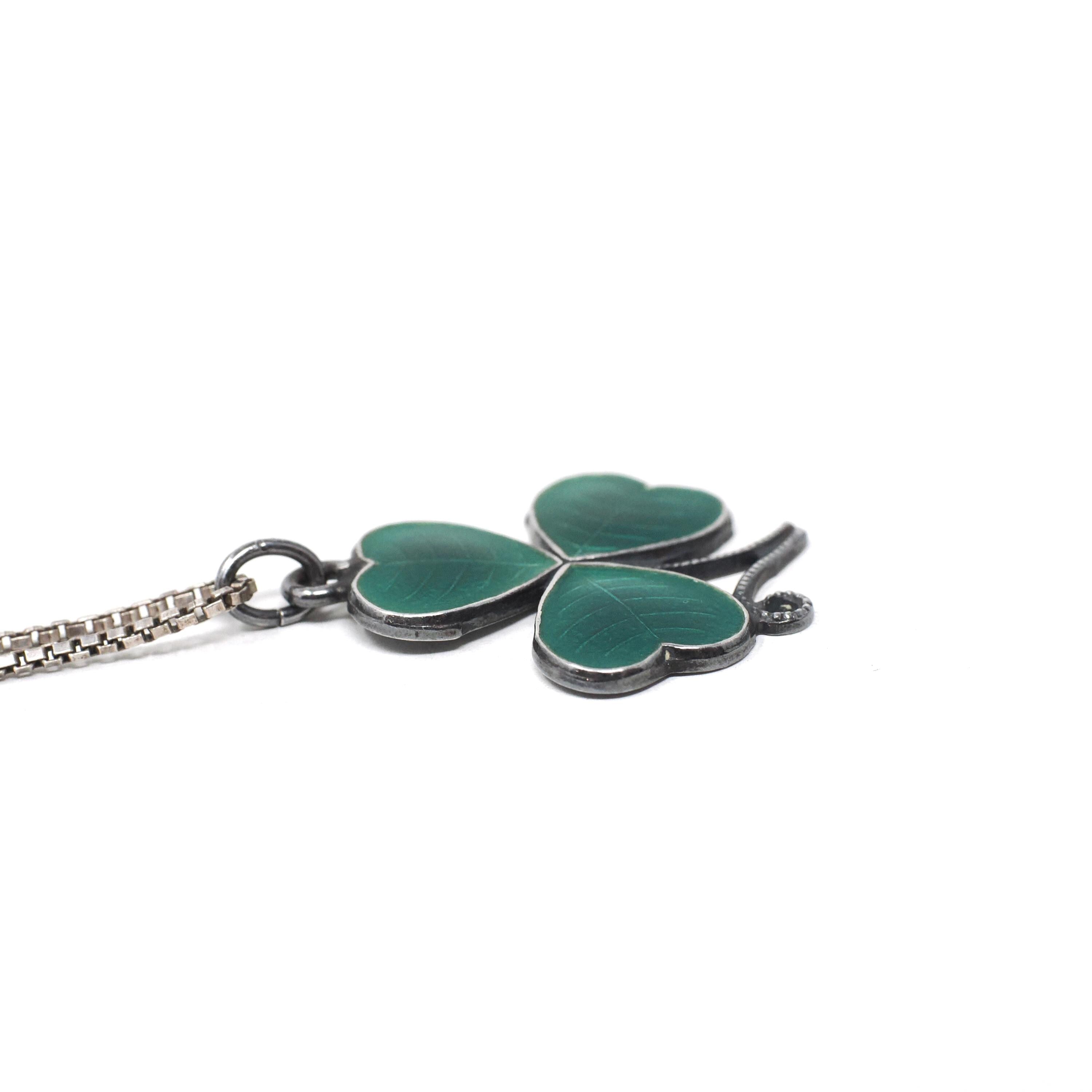 Vintage Shamrock Necklace - Mid Century Sterling Silver Green Enamel Clover Pendant - Circa 1940s Three Leaf Wood Sorrel Good Luck Jewelry
