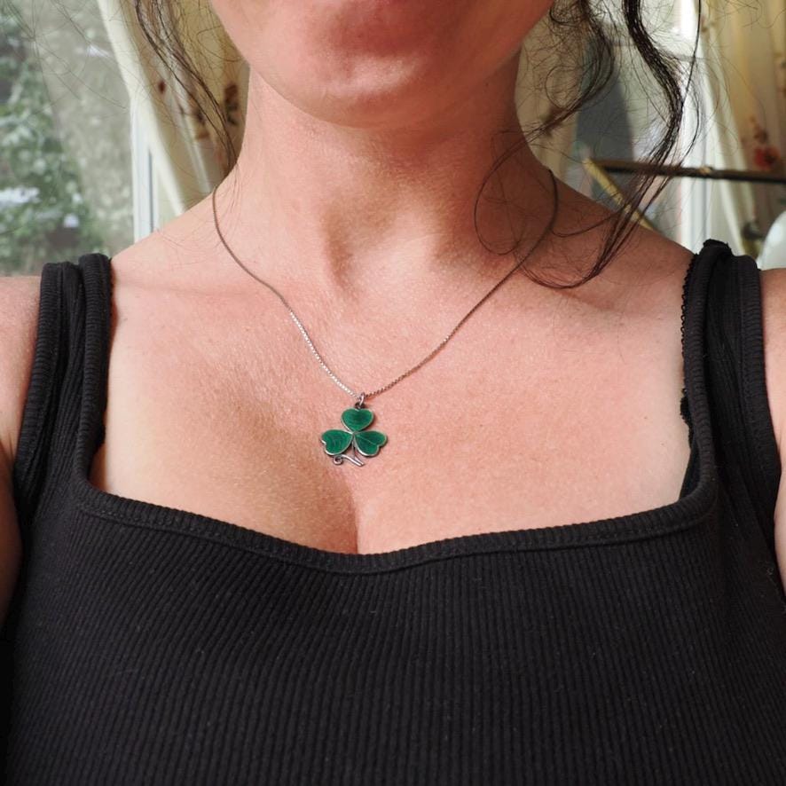 Vintage Shamrock Necklace - Mid Century Sterling Silver Green Enamel Clover Pendant - Circa 1940s Three Leaf Wood Sorrel Good Luck Jewelry